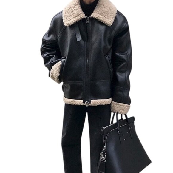 Han Ton Mens High Neck Faux Shearling Bomber Jacket Brown Size L Minimalist Warm - Picture 8 of 13